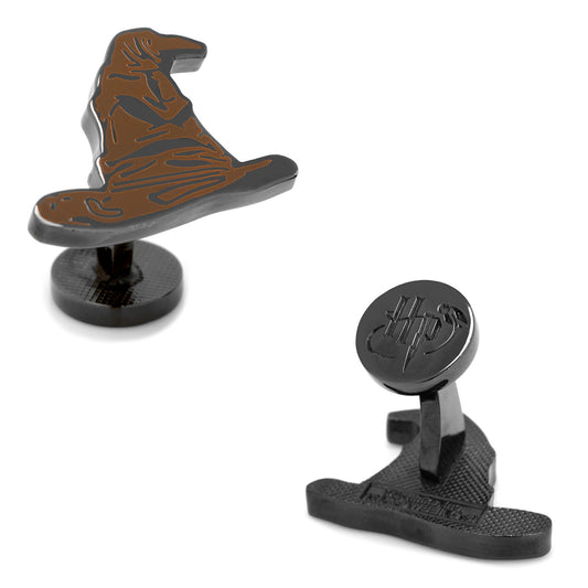 Harry Potter Sorting Hat Cufflinks by Cufflinks.com feature one cufflink with the iconic Sorting Hat design and the other with an "HP" logo on the back.