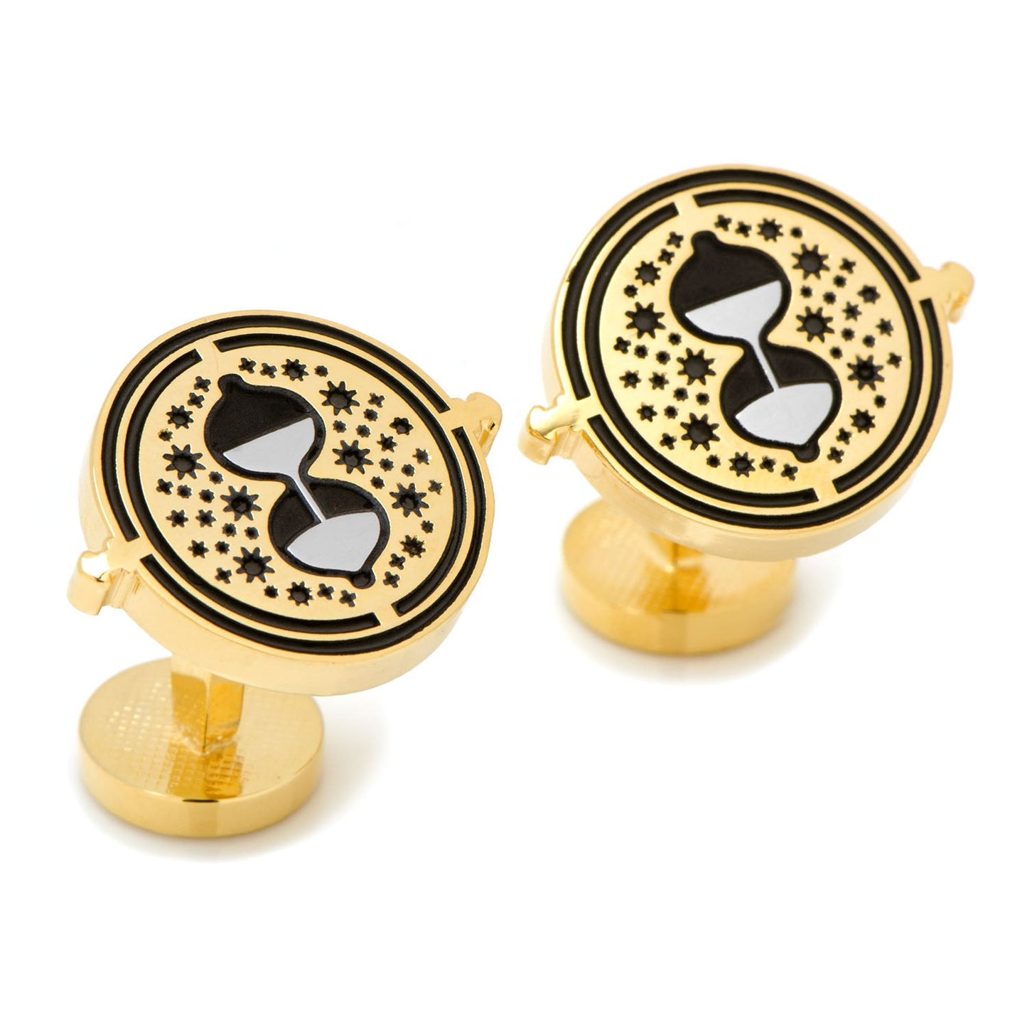 Harry Potter Hermione's Time Turner Cufflinks by Cufflinks.com feature a gold hourglass with black sand and stars, inspired by Hermione's Time Turner. The back displays an engraved "HP" logo.