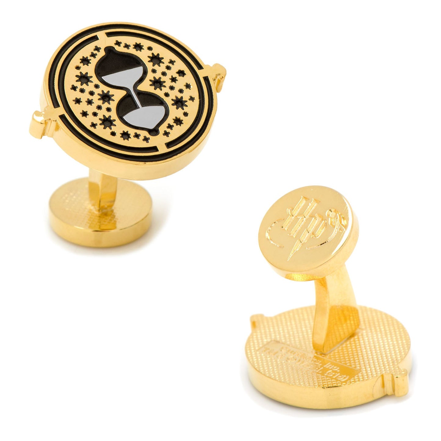 Harry Potter Hermione's Time Turner Cufflinks by Cufflinks.com feature a gold hourglass with black sand and stars, inspired by Hermione's Time Turner. The back displays an engraved "HP" logo.