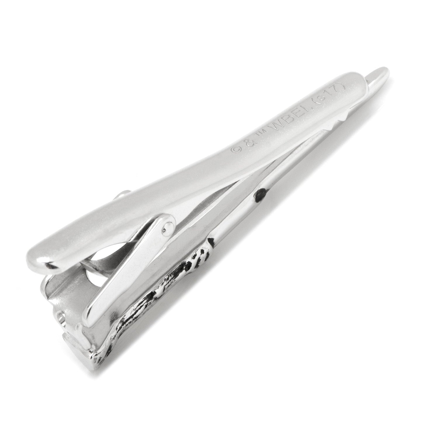 The Harry Potter Wand Tie Clip by Cufflinks.com features a silver, textured design on one end and is displayed on a white background.