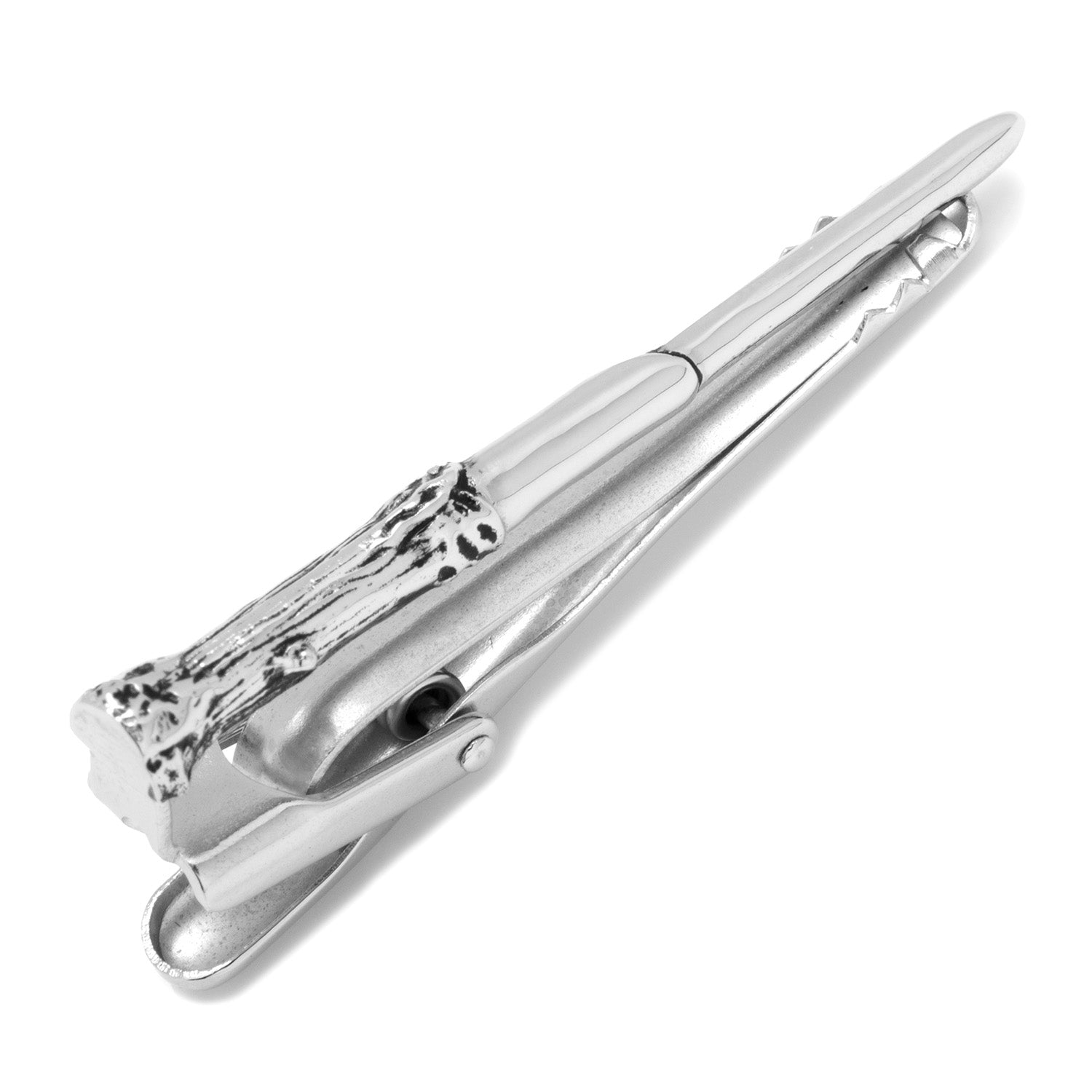 The Harry Potter Wand Tie Clip by Cufflinks.com features a silver, textured design on one end and is displayed on a white background.