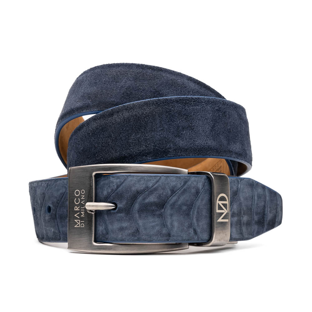 The Hugo Belt Navy by Marco Di Milano features rich blue suede, an ostrich leg finish, and a silver engraved buckle, coiled elegantly—ideal for complementing luxury footwear.