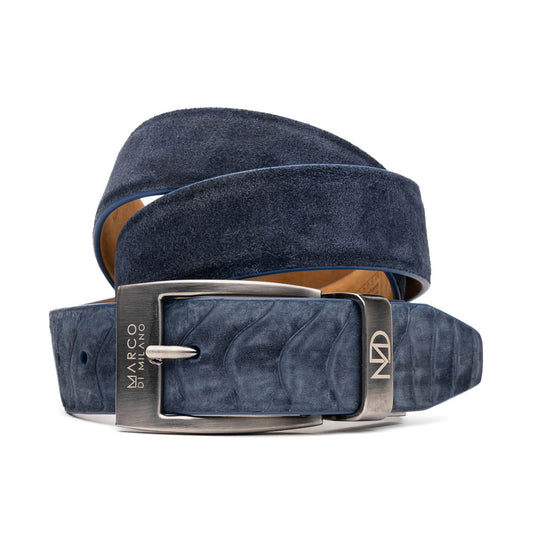 The Hugo Belt Navy by Marco Di Milano features rich blue suede, an ostrich leg finish, and a silver engraved buckle, coiled elegantly—ideal for complementing luxury footwear.