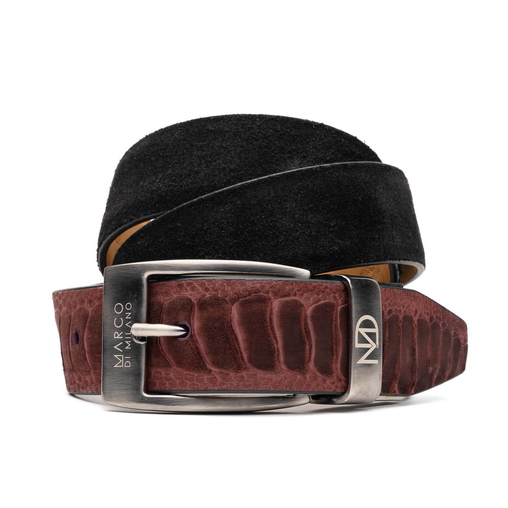 The Hugo Belt Wine / Black by Marco Di Milano blends black suede with a textured wine leather section and a silver logo-engraved buckle—a refined accessory that pairs seamlessly with luxury footwear.