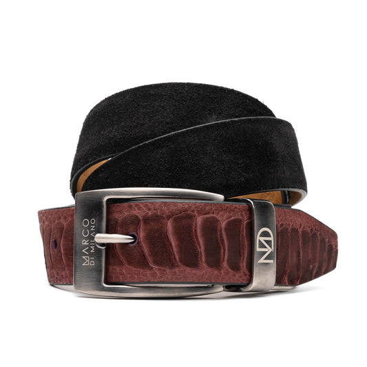 The Hugo Belt Wine / Black by Marco Di Milano blends black suede with a textured wine leather section and a silver logo-engraved buckle—a refined accessory that pairs seamlessly with luxury footwear.