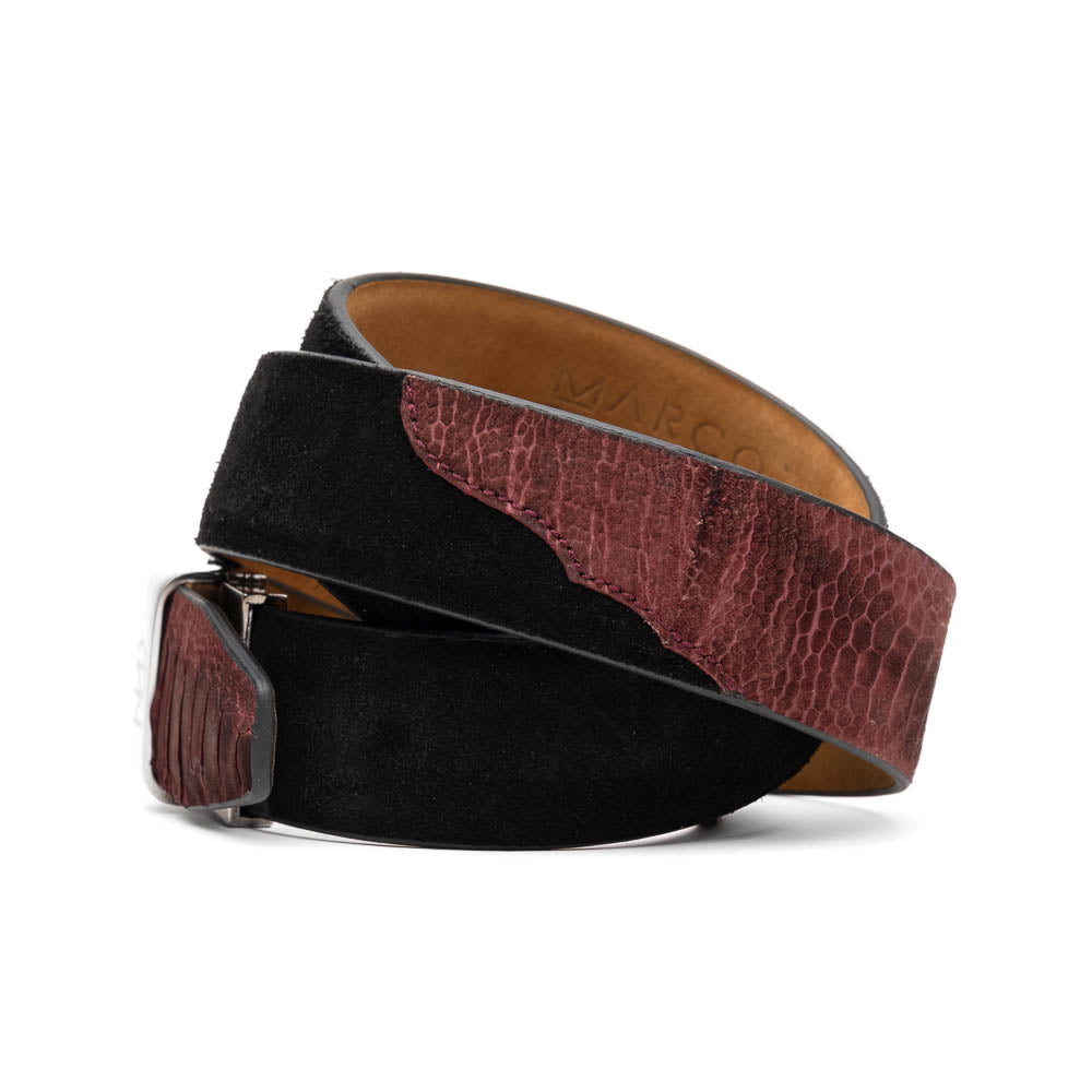 The Hugo Belt Wine / Black by Marco Di Milano blends black suede with a textured wine leather section and a silver logo-engraved buckle—a refined accessory that pairs seamlessly with luxury footwear.