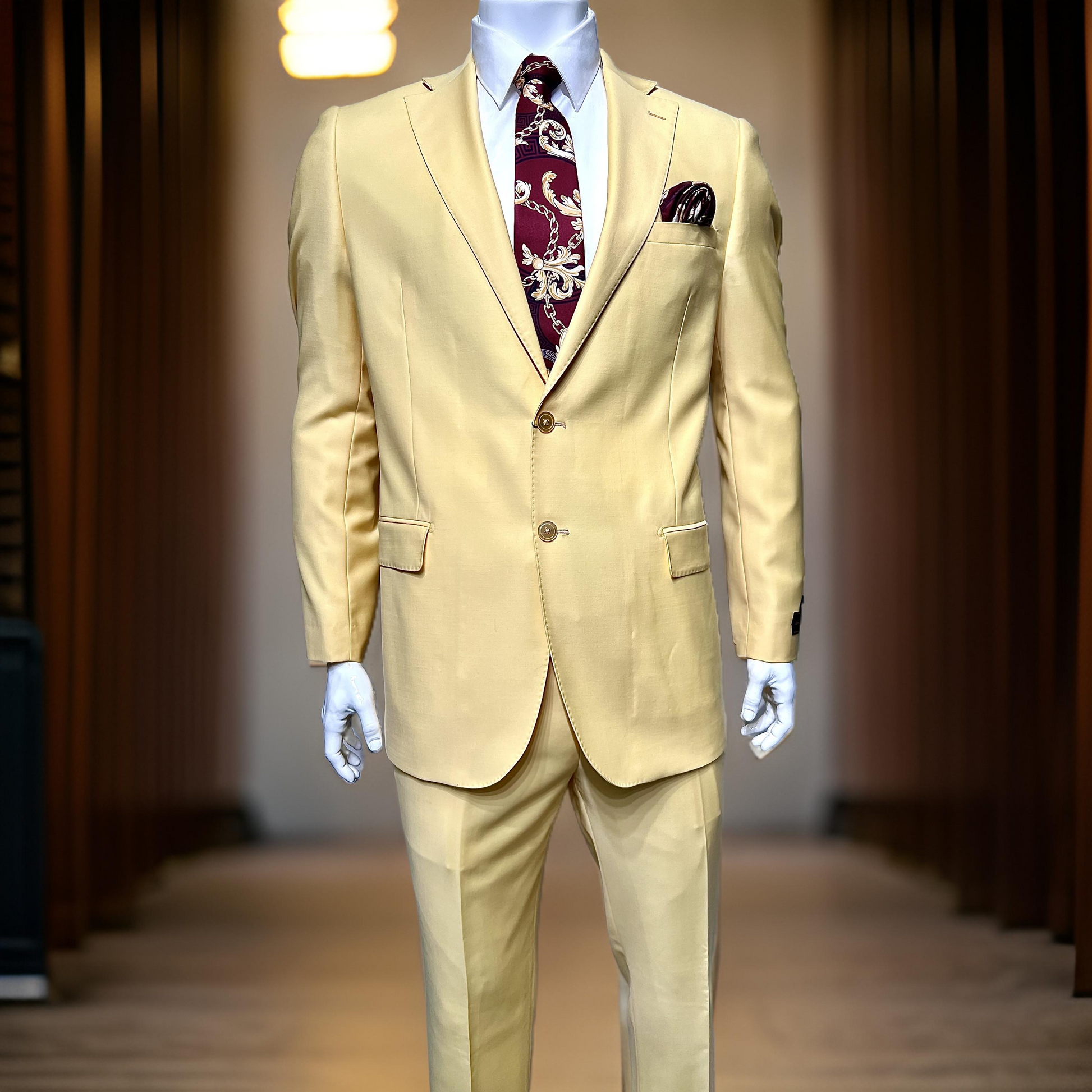A mannequin displays the Tiglio Luxe Banana Dolcetto Modern Fit Pure Wool Suit TL4014 (52R, 52L, 54L) with a matching vest, white shirt, and burgundy patterned tie, showcasing premium men's fashion by Tiglio Luxe.
