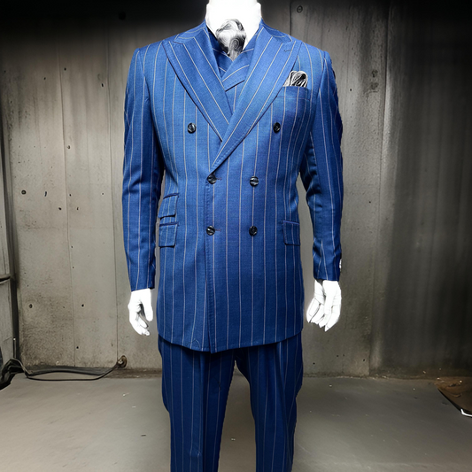 A mannequin displays the Tiglio Rosso DB Este Blue/Grey Pinstripe TL3121 suit (46R 50L ONLY), complete with matching vest and pocket square, showcasing classic wide leg elegance against a minimalist industrial backdrop.