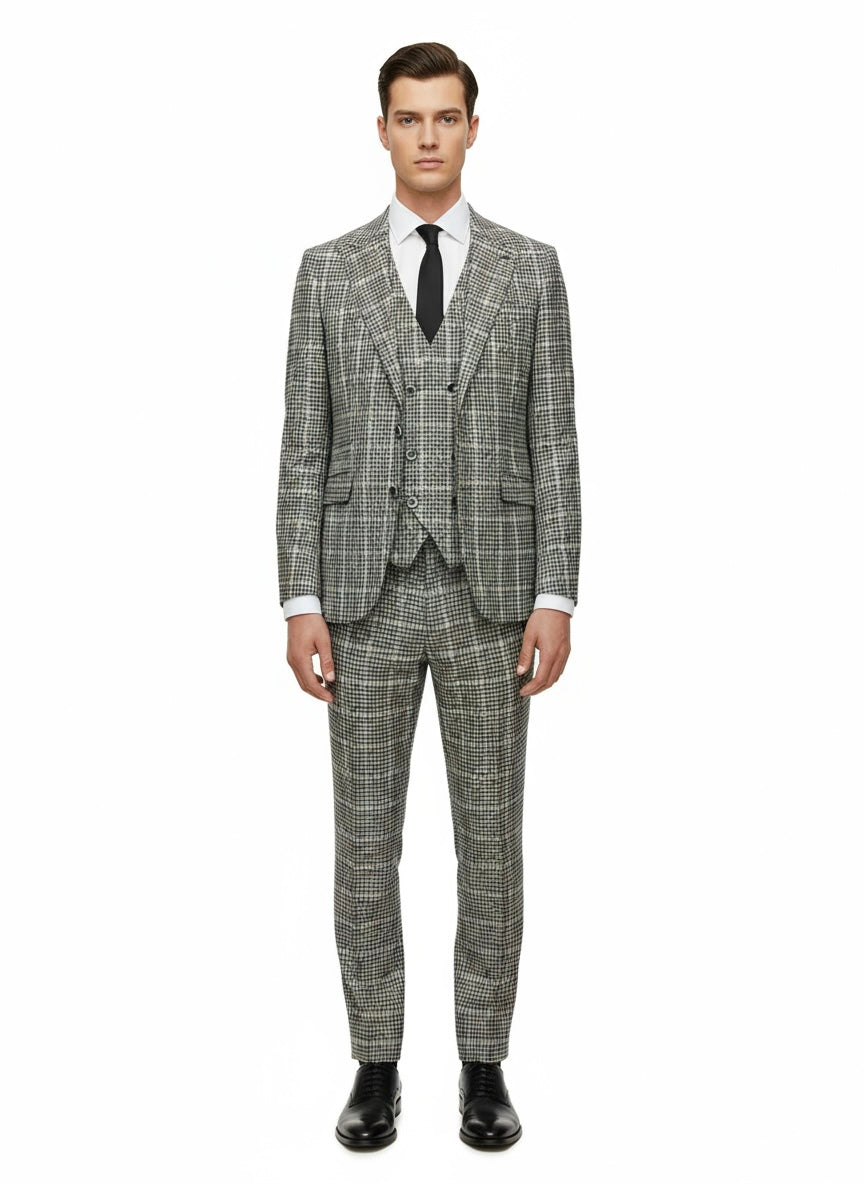 A person stands facing forward, wearing the Tiglio Luxe Green and Navy Glens Plaids Prosecco Modern Fit Pure Wool Suit & Vest TL2715 by Tiglio Luxe, paired with a crisp white shirt and black tie, set against a plain white background.