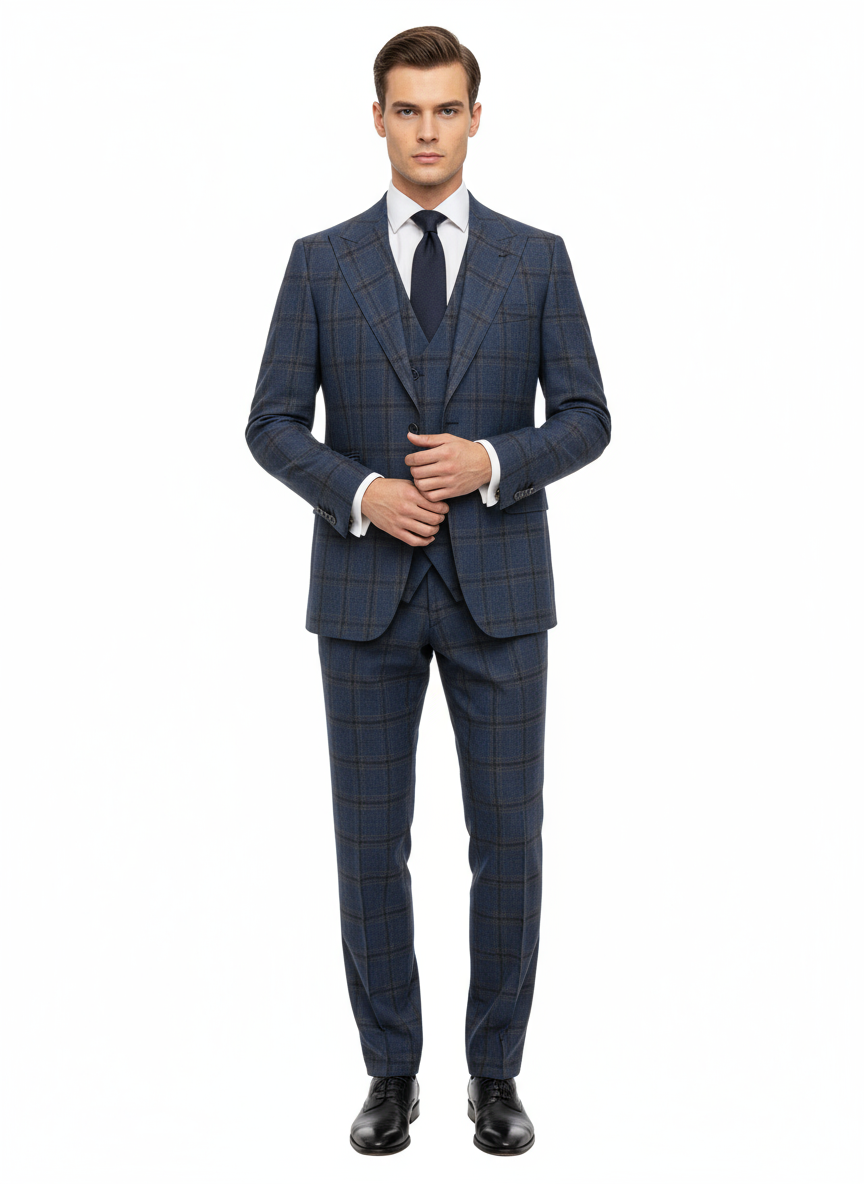 A man wearing the Tiglio Luxe Denim Blue with Windowpanes Prosecco, Modern Fit Pure Wool Suit & Vest TL8101 by Tiglio Luxe, paired with a white dress shirt, navy tie, and black shoes, stands against a plain white background.