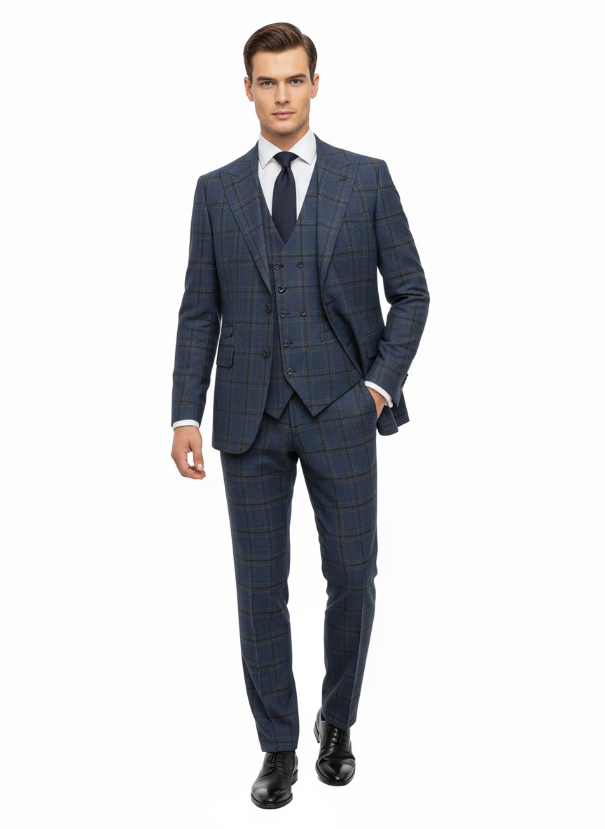A man wearing the Tiglio Luxe Denim Blue with Windowpanes Prosecco, Modern Fit Pure Wool Suit & Vest TL8101 by Tiglio Luxe, paired with a white dress shirt, navy tie, and black shoes, stands against a plain white background.