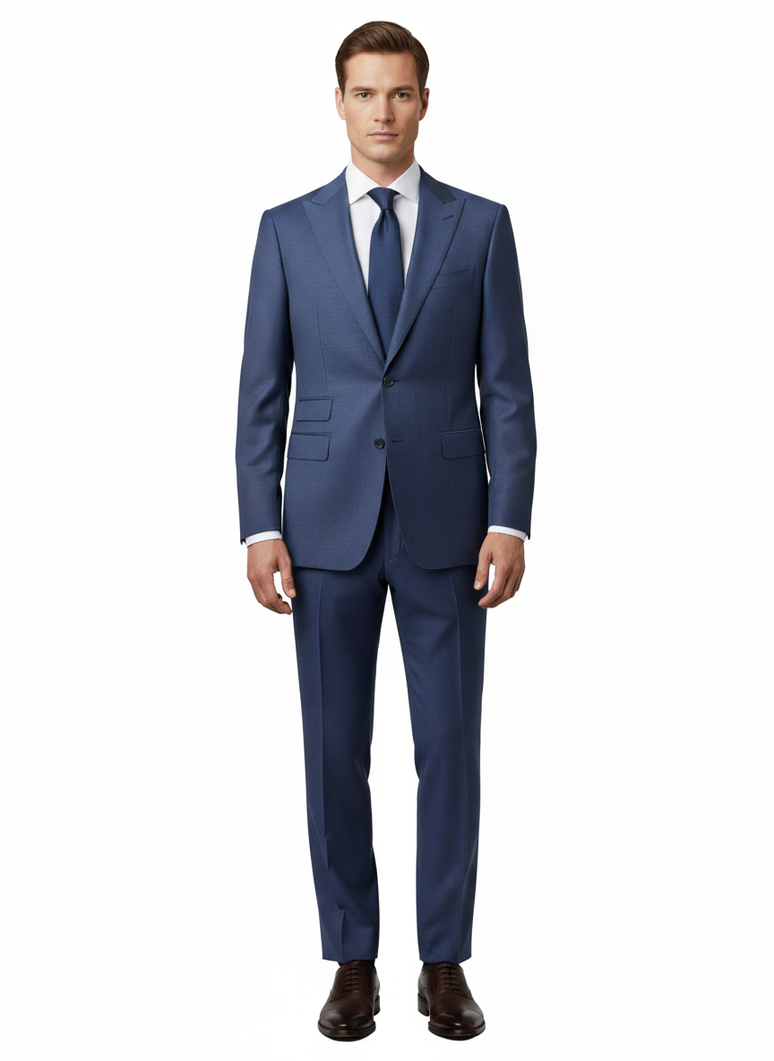 A man stands facing forward against a plain white background, wearing the Tiglio Luxe Denim Blue Prosecco TL6000 modern-fit pure wool suit by Tiglio Luxe, styled with a white shirt, blue tie, and dark brown dress shoes.