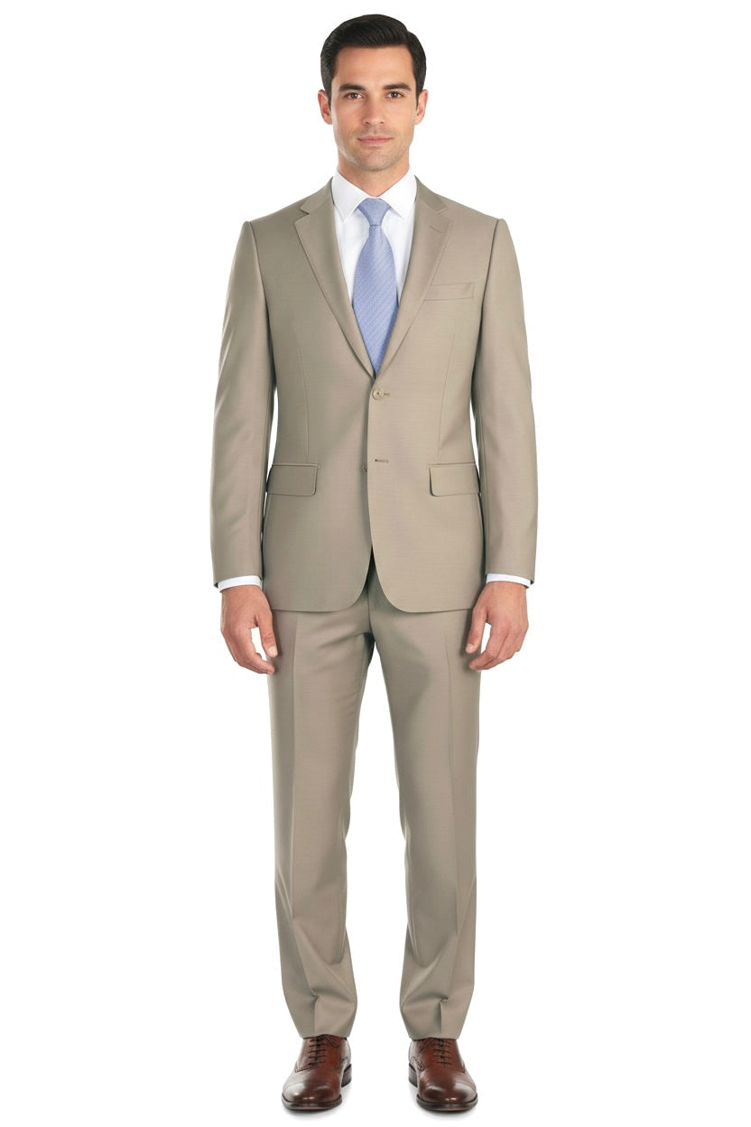 A man stands facing forward in a Tan Porto Slim Fit, Pure Wool Suit by Tiglio Luxe (TIG1004), paired with a light blue tie, white shirt, and brown dress shoes against a plain white background.