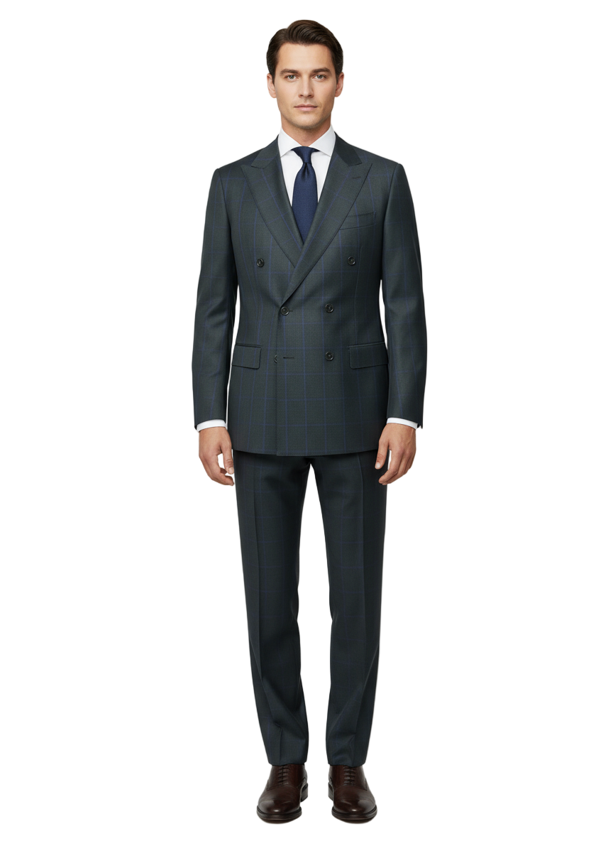 A man wearing a Tiglio Luxe Dark Green with Blue Windowpane Pistoia Modern Fit Pure Wool Men’s Suit TL5142, standing against a plain white background.