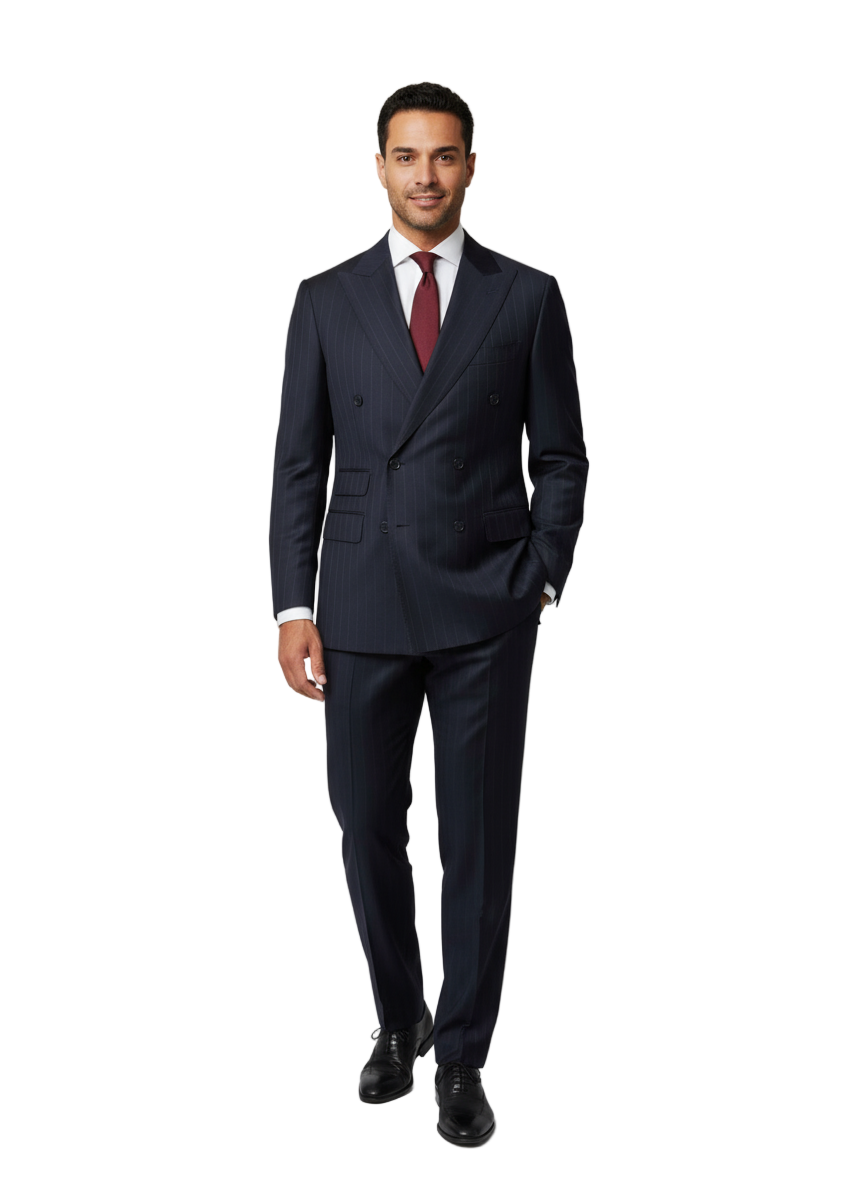 A man stands against a white background with one hand in his pocket, wearing the Tiglio Luxe Navy with Brown Pinstripes Pistoia modern fit pure wool men’s suit (TL9113), expertly tailored and paired with a crisp white shirt and red tie.
