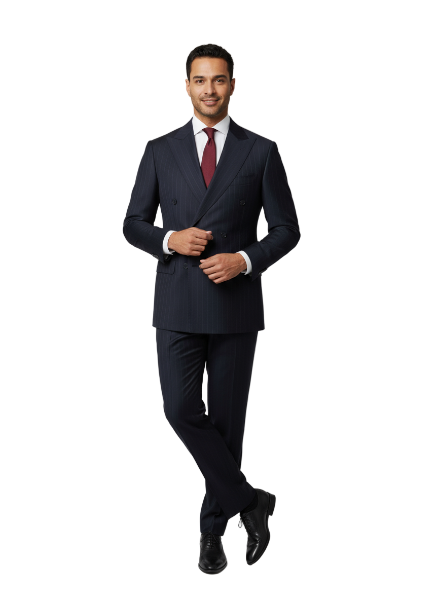 A man stands against a white background with one hand in his pocket, wearing the Tiglio Luxe Navy with Brown Pinstripes Pistoia modern fit pure wool men’s suit (TL9113), expertly tailored and paired with a crisp white shirt and red tie.