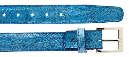 The BELVEDERE Ostrich Leg Belt Ocean Blue 2000 is a turquoise blue leather belt with an ostrich leg texture, silver rectangular buckle, multiple adjustment holes, and is available in size 44.