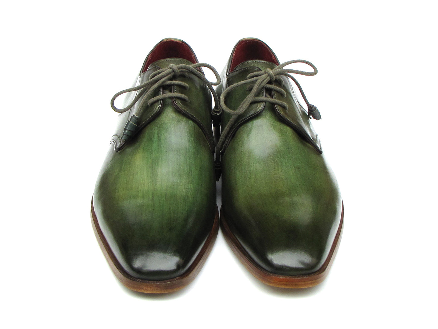 Paul Parkman Green Hand Painted Derby Shoes - 059-GREEN, crafted from Italian calfskin with laces and wooden soles, are elegantly displayed against a white background.