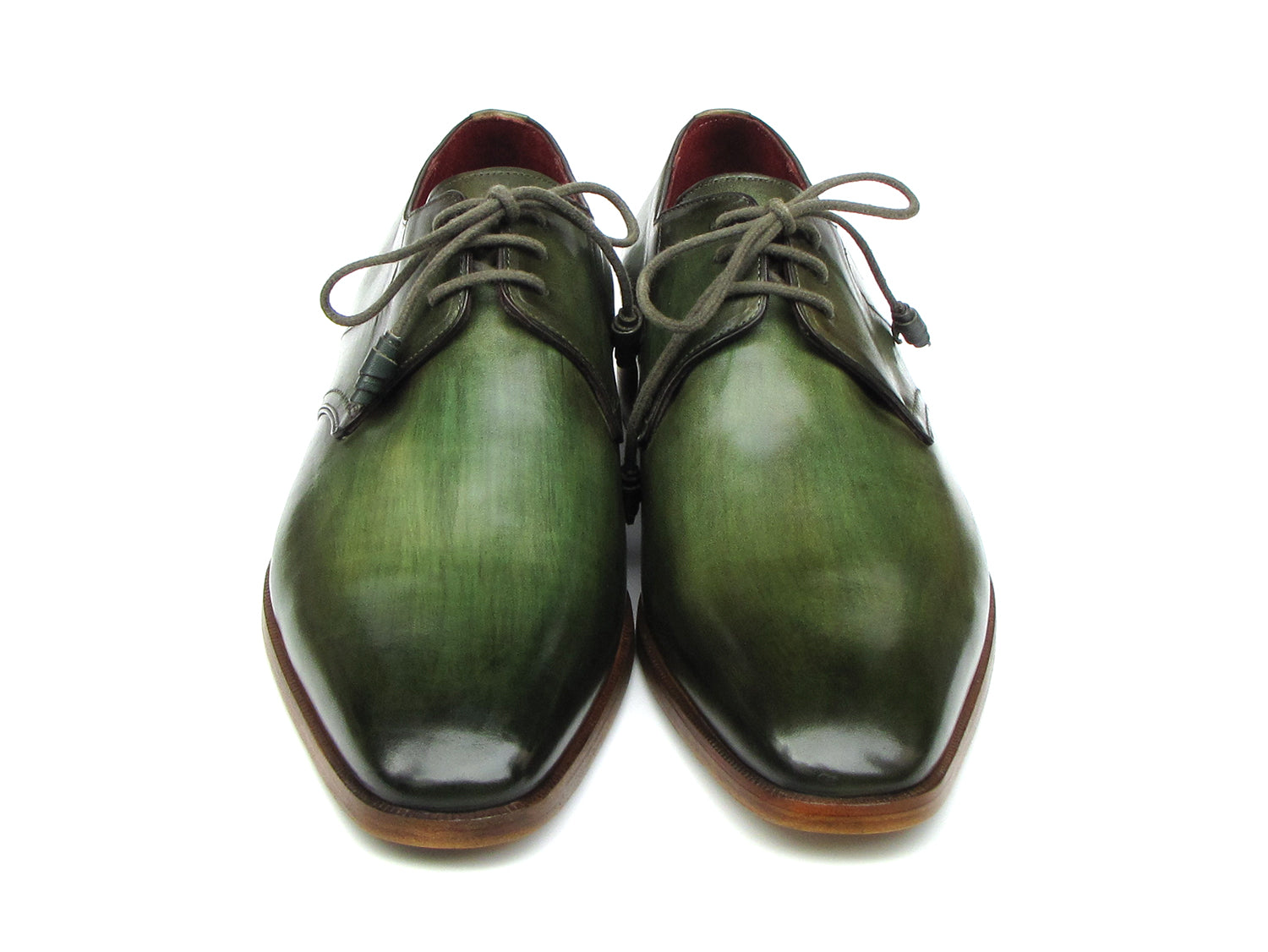 Paul Parkman Green Hand Painted Derby Shoes - 059-GREEN, crafted from Italian calfskin with laces and wooden soles, are elegantly displayed against a white background.