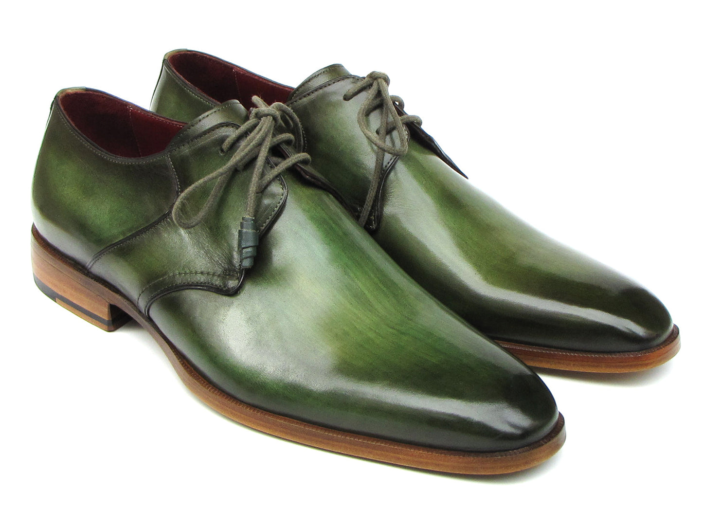 Paul Parkman Green Hand Painted Derby Shoes - 059-GREEN, crafted from Italian calfskin with laces and wooden soles, are elegantly displayed against a white background.