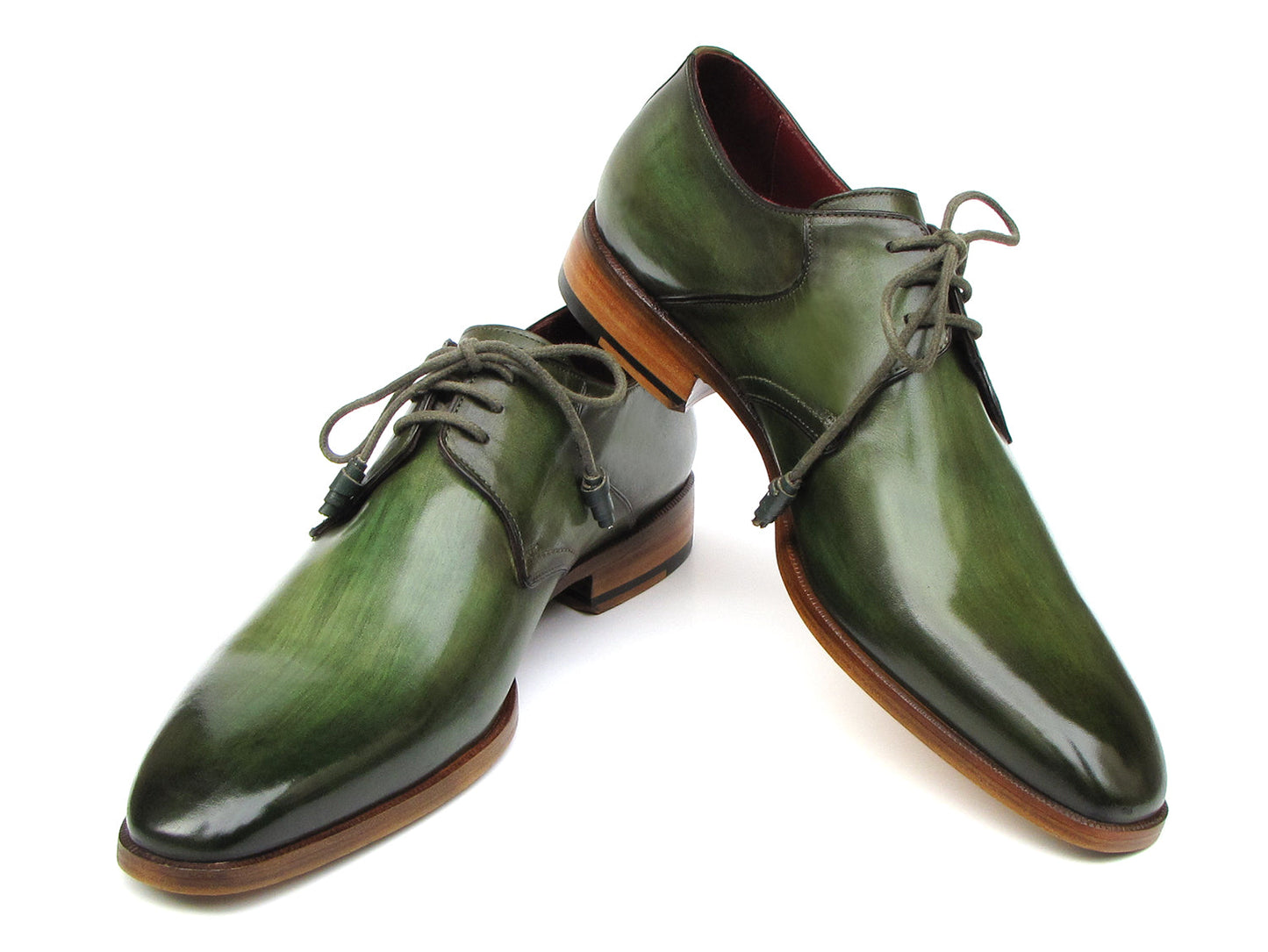 Paul Parkman Green Hand Painted Derby Shoes - 059-GREEN, crafted from Italian calfskin with laces and wooden soles, are elegantly displayed against a white background.