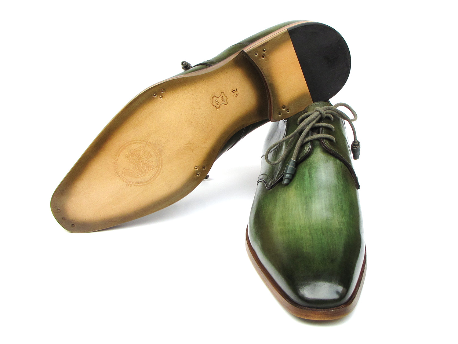 Paul Parkman Green Hand Painted Derby Shoes - 059-GREEN, crafted from Italian calfskin with laces and wooden soles, are elegantly displayed against a white background.