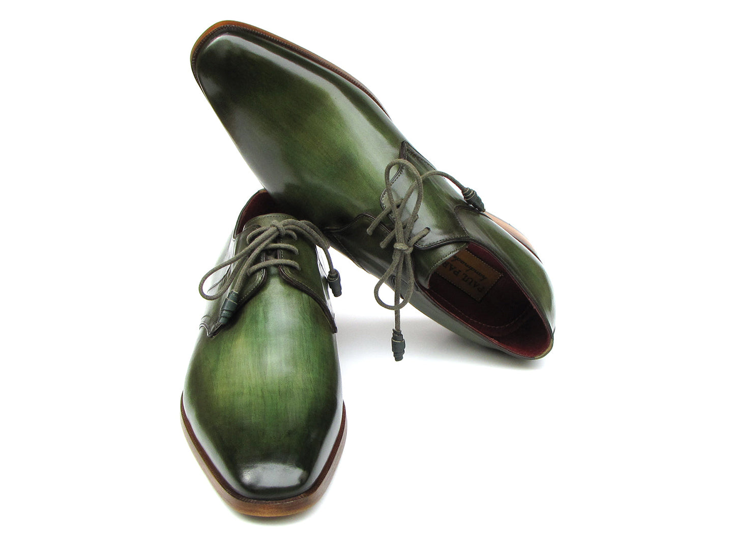 Paul Parkman Green Hand Painted Derby Shoes - 059-GREEN, crafted from Italian calfskin with laces and wooden soles, are elegantly displayed against a white background.