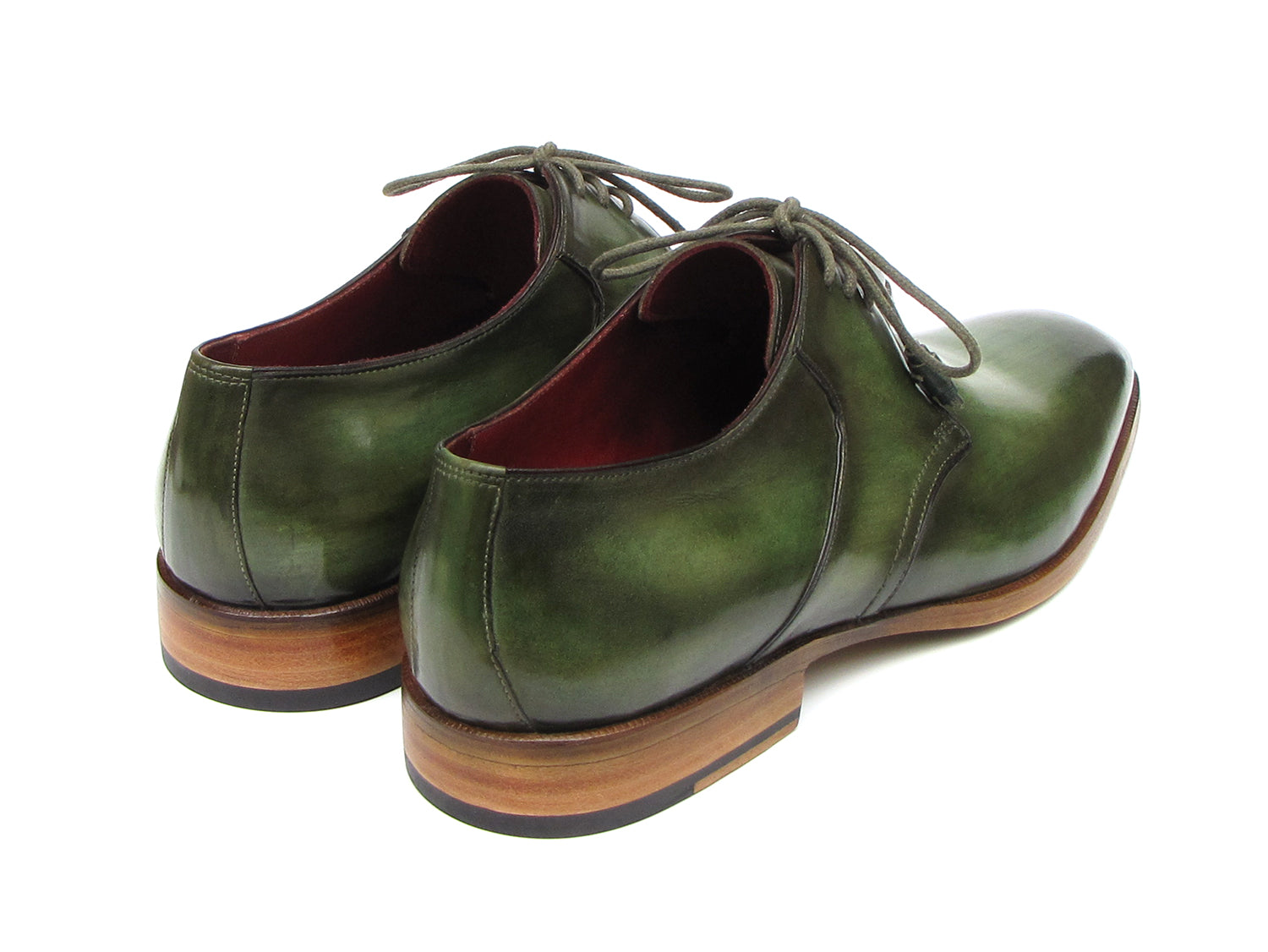 Paul Parkman Green Hand Painted Derby Shoes - 059-GREEN, crafted from Italian calfskin with laces and wooden soles, are elegantly displayed against a white background.