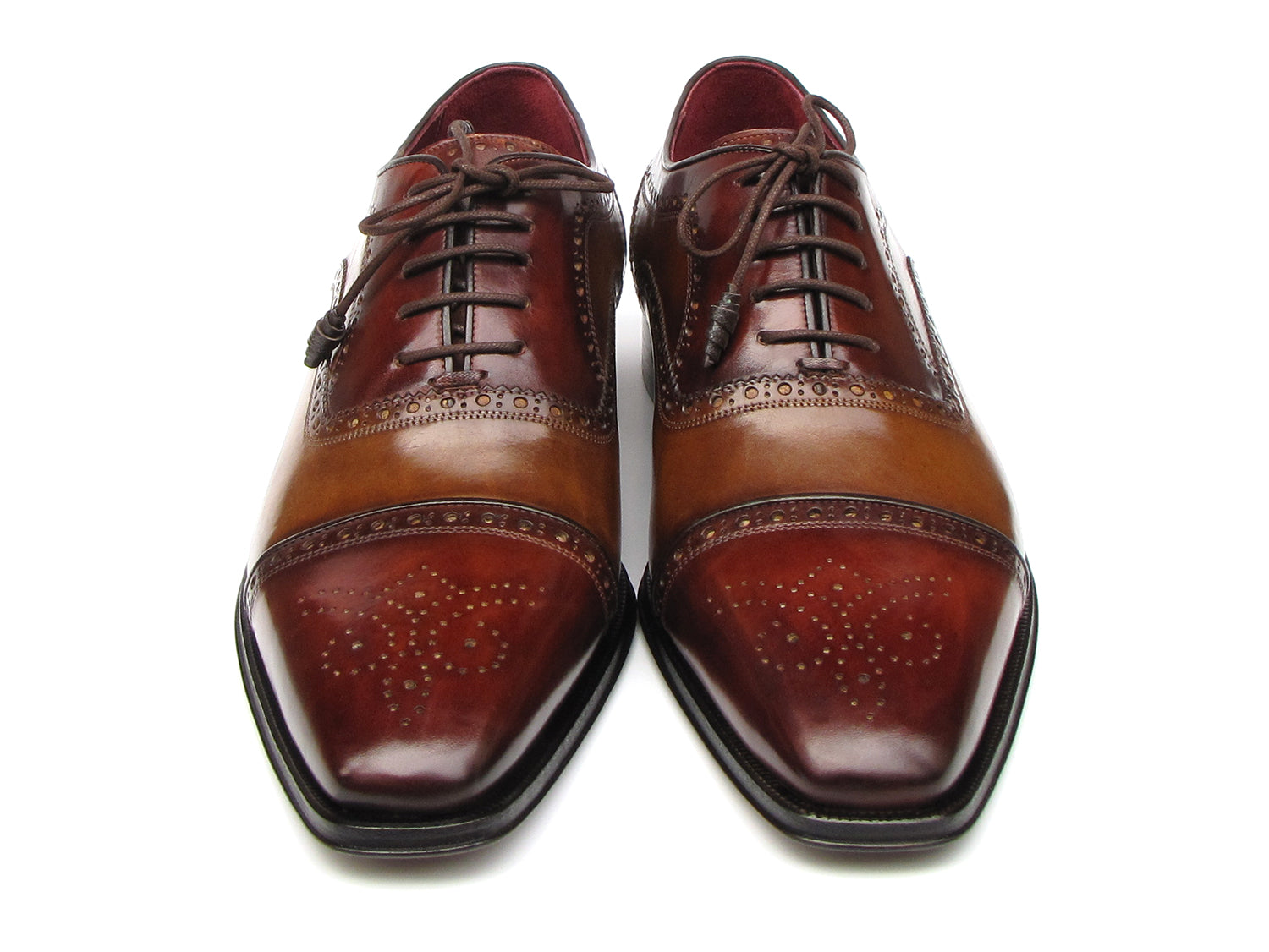 Paul Parkman Captoe Oxfords Camel Red - 024-CML-BRD men's dress shoes in brown and red hand-painted leather with brogue details, cap toes, and classic laces by Paul Parkman, shown against a white background.