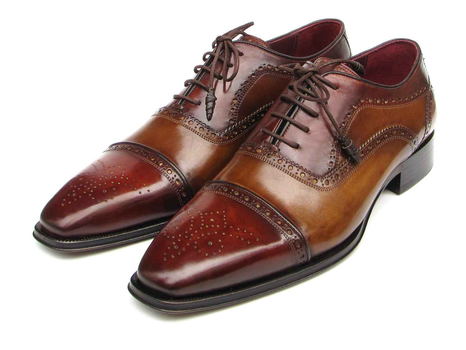 Paul Parkman Captoe Oxfords Camel Red - 024-CML-BRD men's dress shoes in brown and red hand-painted leather with brogue details, cap toes, and classic laces by Paul Parkman, shown against a white background.