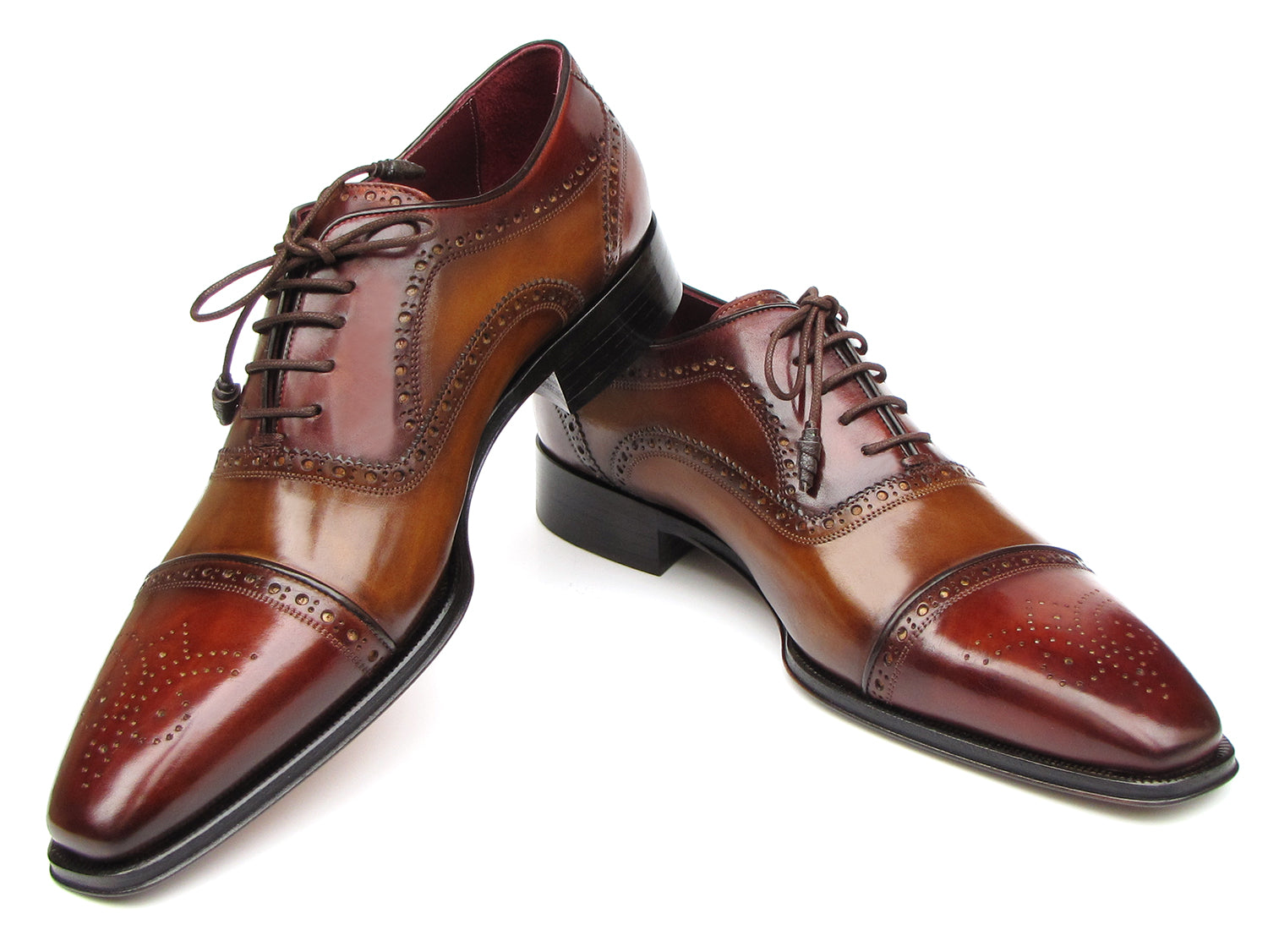 Paul Parkman Captoe Oxfords Camel Red - 024-CML-BRD men's dress shoes in brown and red hand-painted leather with brogue details, cap toes, and classic laces by Paul Parkman, shown against a white background.