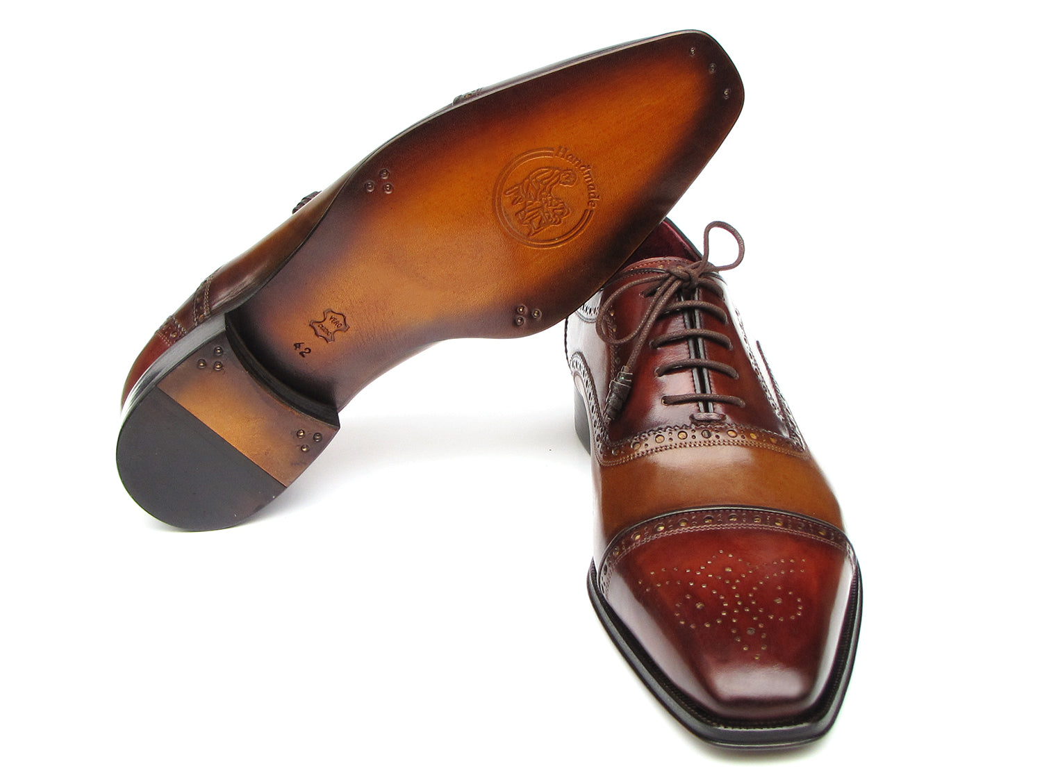 Paul Parkman Captoe Oxfords Camel Red - 024-CML-BRD men's dress shoes in brown and red hand-painted leather with brogue details, cap toes, and classic laces by Paul Parkman, shown against a white background.