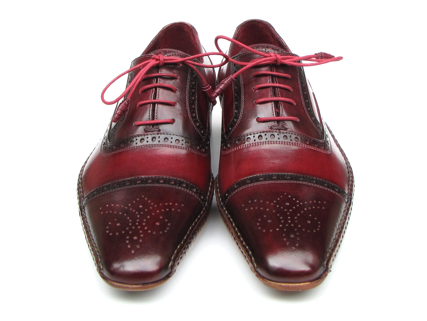 Paul Parkman Handsewn Captoe Oxfords Red Bordeaux (5032-BRD): men's burgundy and dark brown brogue oxfords in hand-painted leather with brogue detailing and pink laces, shown on a white background.