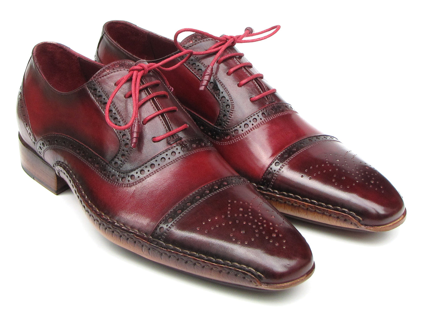 Paul Parkman Handsewn Captoe Oxfords Red Bordeaux (5032-BRD): men's burgundy and dark brown brogue oxfords in hand-painted leather with brogue detailing and pink laces, shown on a white background.