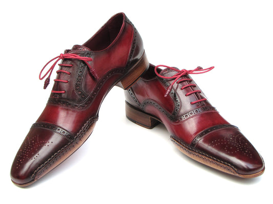 Paul Parkman Handsewn Captoe Oxfords Red Bordeaux (5032-BRD): men's burgundy and dark brown brogue oxfords in hand-painted leather with brogue detailing and pink laces, shown on a white background.