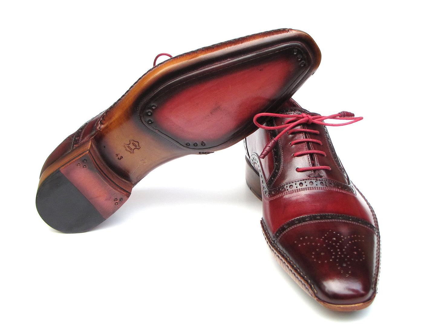 Paul Parkman Handsewn Captoe Oxfords Red Bordeaux (5032-BRD): men's burgundy and dark brown brogue oxfords in hand-painted leather with brogue detailing and pink laces, shown on a white background.