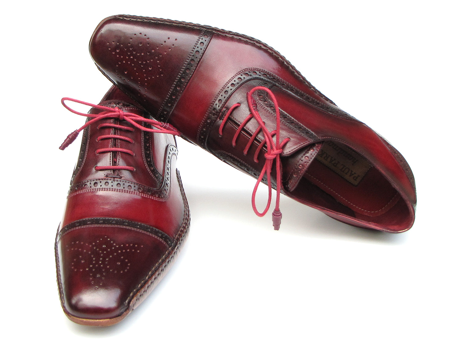 Paul Parkman Handsewn Captoe Oxfords Red Bordeaux (5032-BRD): men's burgundy and dark brown brogue oxfords in hand-painted leather with brogue detailing and pink laces, shown on a white background.