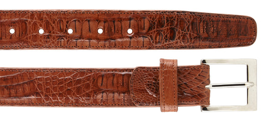 The BELVEDERE Belvedere Caiman Belt Ant. Sport 1999 features brown caiman crocodile-pattern leather and a silver rectangular buckle, shown from the buckle end with holes visible—an adjustable, elegant, and versatile accessory.