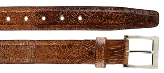 The BELVEDERE Belvedere Ostrich Leg Belt Ant. Brandy 2000 features brown leather with a textured ostrich leg pattern, metal buckle, adjustable holes, and belt loop. Shown laid flat. Available in size 44.