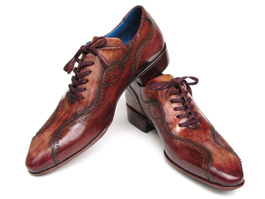 Paul Parkman Handmade Lace-Up Casual Shoes Brown Hand-Painted (84654-BRW), polished Italian calfskin with decorative perforations, are shown on a white background.