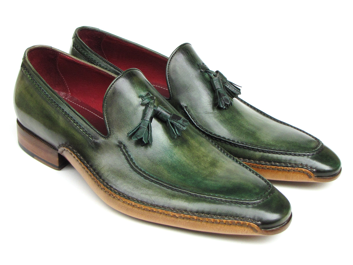 Paul Parkman Handsewn Tassel Loafer Green Shoes - 082-GREEN: These men's slip-on leather loafers by Paul Parkman feature a polished finish, brown soles, red interior lining, and refined style for any occasion.