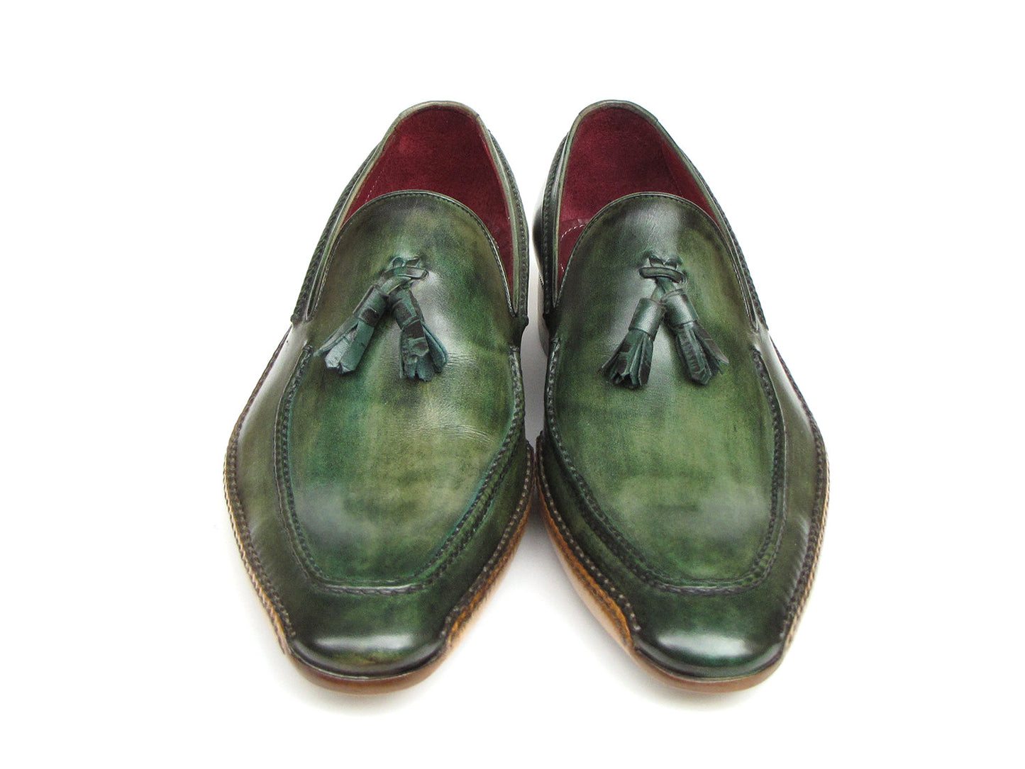 Paul Parkman Handsewn Tassel Loafer Green Shoes - 082-GREEN: These men's slip-on leather loafers by Paul Parkman feature a polished finish, brown soles, red interior lining, and refined style for any occasion.
