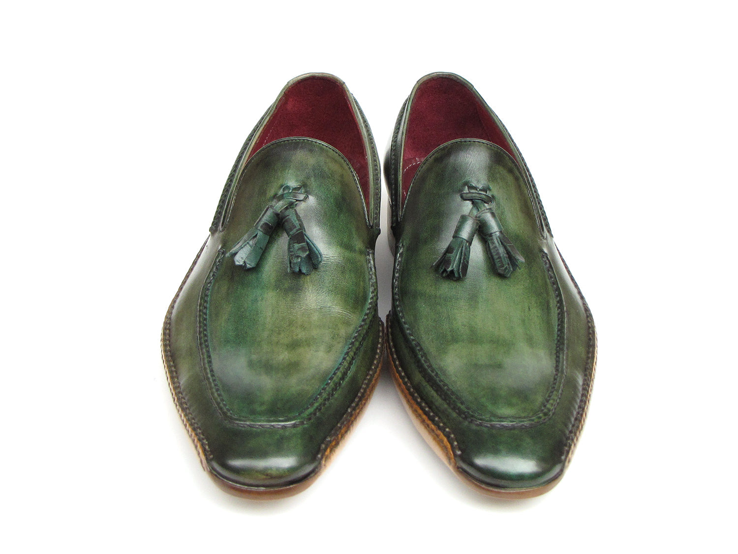 Paul Parkman Handsewn Tassel Loafer Green Shoes - 082-GREEN: These men's slip-on leather loafers by Paul Parkman feature a polished finish, brown soles, red interior lining, and refined style for any occasion.