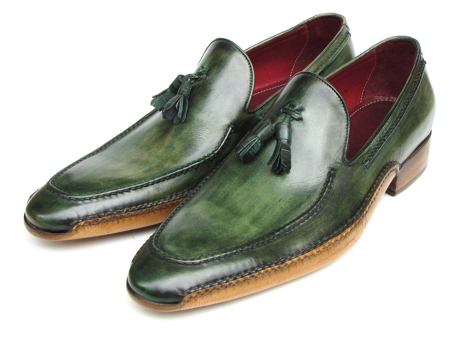 Paul Parkman Handsewn Tassel Loafer Green Shoes - 082-GREEN: These men's slip-on leather loafers by Paul Parkman feature a polished finish, brown soles, red interior lining, and refined style for any occasion.