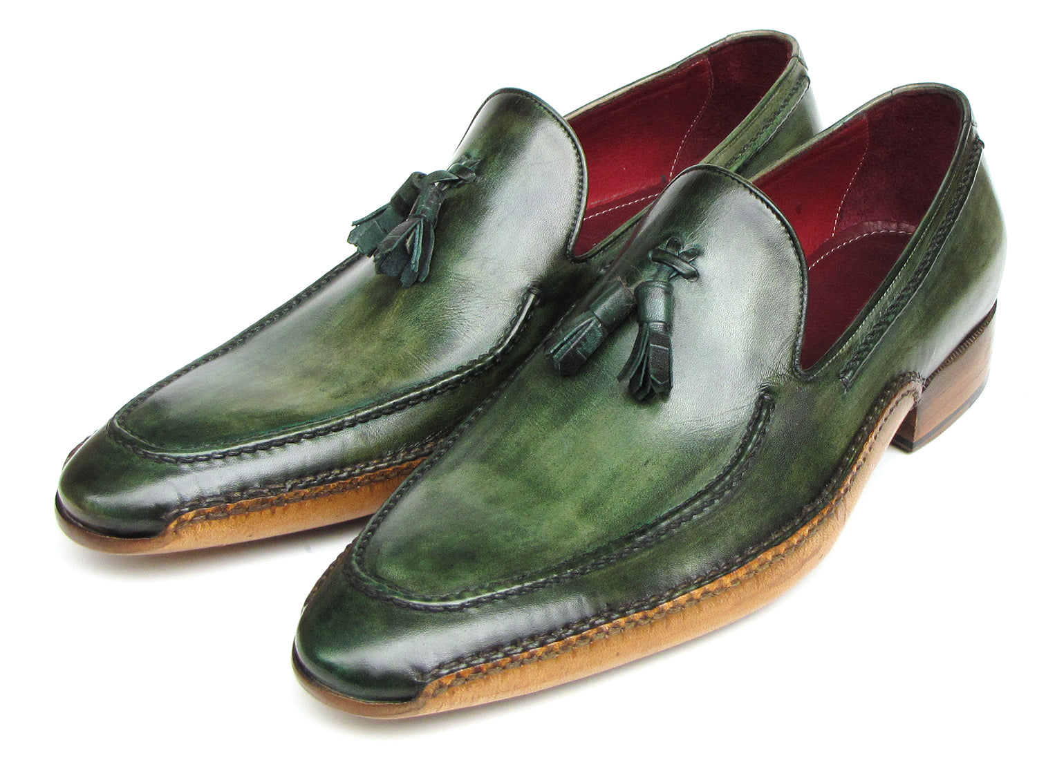 Paul Parkman Handsewn Tassel Loafer Green Shoes - 082-GREEN: These men's slip-on leather loafers by Paul Parkman feature a polished finish, brown soles, red interior lining, and refined style for any occasion.