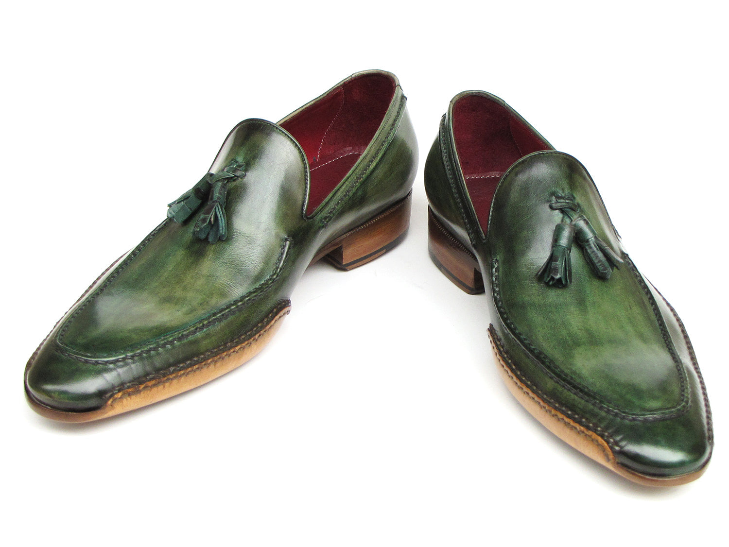 Paul Parkman Handsewn Tassel Loafer Green Shoes - 082-GREEN: These men's slip-on leather loafers by Paul Parkman feature a polished finish, brown soles, red interior lining, and refined style for any occasion.