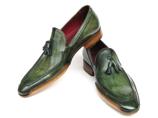 Paul Parkman Handsewn Tassel Loafer Green Shoes - 082-GREEN: These men's slip-on leather loafers by Paul Parkman feature a polished finish, brown soles, red interior lining, and refined style for any occasion.