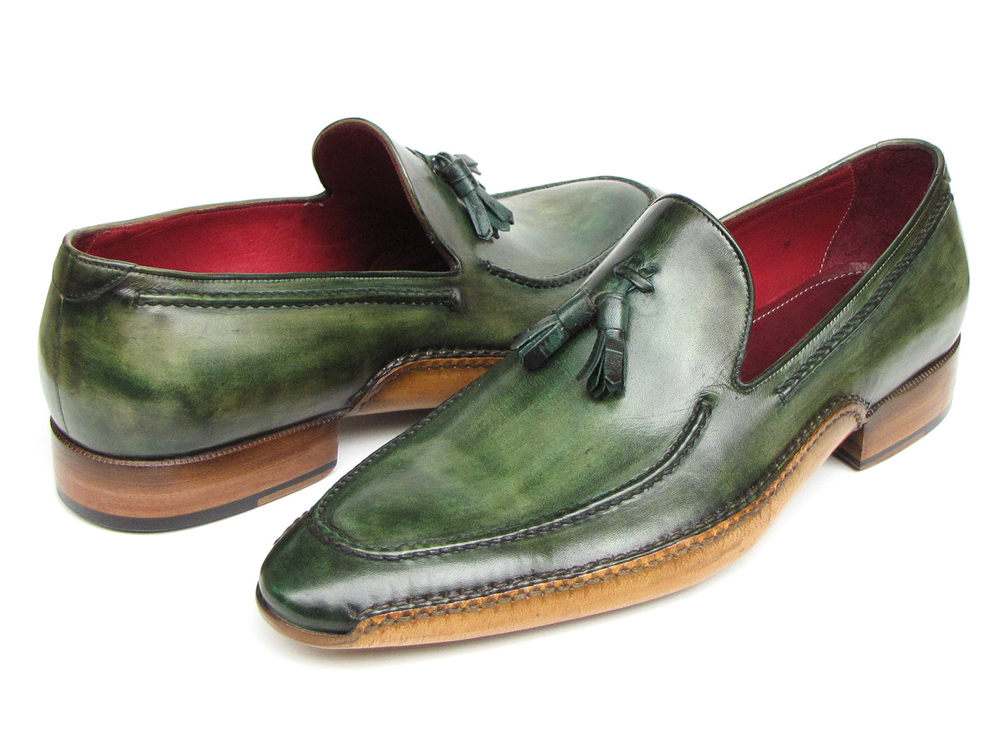 Paul Parkman Handsewn Tassel Loafer Green Shoes - 082-GREEN: These men's slip-on leather loafers by Paul Parkman feature a polished finish, brown soles, red interior lining, and refined style for any occasion.