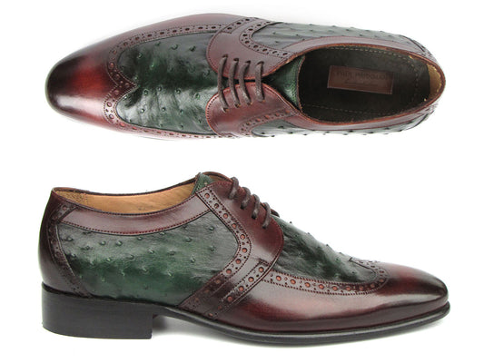 Paul Parkman Men's Green Ostrich & Brown Leather Derby Shoes (956GB57) feature exotic green ostrich uppers and burgundy brogue detailing, shown from the side and top views.