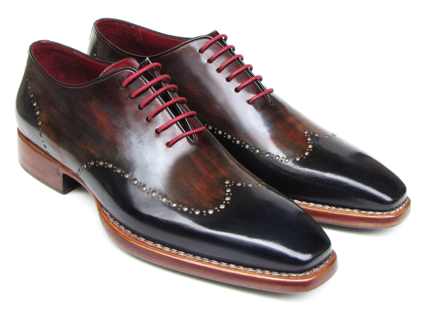 Paul Parkman Wingtip Oxford Goodyear Welted Navy Red Black - 081-MIX by Paul Parkman: Handmade brogues featuring decorative perforations, navy, red, and black gradient leather, Goodyear welt construction, and red laces. Displayed on a white background.